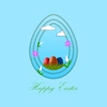 Easter background in paper cut style with Easter eggs and spring flowers. Happy Easter lettering. Template for Easter