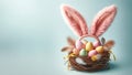 Easter background Pink fluffy bunny ears Easter eggs on a light blue backgroun