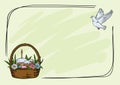 Easter background for presentation and card with frame, basket with flowers, Easter cakes, colored eggs and flying dove