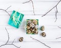 Easter background, quail eggs in a bright box decorated with tree branches. Flat lay, top view, view from above Royalty Free Stock Photo