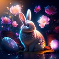 Easter background with rabbit, flowers and eggs. Vector illustration. AI Generated