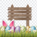 Easter background with realistic 3d colorful eggs, wooden white sign, and daisy flowers on transparent backdrop. Royalty Free Stock Photo