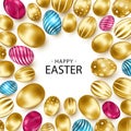 Easter background with realistic golden eggs. Spring egg hunt. Happy holiday greeting card with text lettering, calligraphy. Color Royalty Free Stock Photo