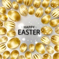 Easter background with realistic golden eggs. Spring egg hunt. Happy holiday greeting card with text lettering, calligraphy. Color Royalty Free Stock Photo