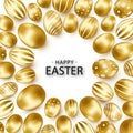 Easter background with realistic golden eggs. Spring egg hunt. Happy holiday greeting card with text lettering, calligraphy. Color Royalty Free Stock Photo