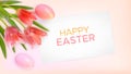 Easter background with realistic pink tulips, Easter eggs and inscription Happy Easter Royalty Free Stock Photo