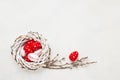 Easter background. Red and white Easter eggs in wreath on white concrete background. Top view, copy space Royalty Free Stock Photo