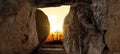 Easter background - Resurrection of Jesus Christ in Golgota / Golgotha jerusalem israel, empty tomb, sunrise and three crucefix Royalty Free Stock Photo