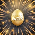 Easter background with shining golden egg and firework. Holiday card illustration on black background. Bursting firework Royalty Free Stock Photo