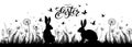 Easter background with silhouettes of rabbits, butterflies, fern and dandelions. Easter background.