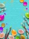 Easter background with space for greeting or message. Pussy-willow branches, paint decorated multicolored eggs