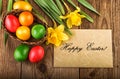 Easter background with spring flowers and paper sheet Text Happy Easter Royalty Free Stock Photo