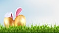 Easter background. Spring illustration, season decoration. Realistic isolated green grass and golden eggs. Springtime