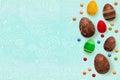 Easter background. Template vector card with realistic 3d render eggs, candies. Copyspace for your text. Doodles hand Royalty Free Stock Photo