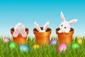 Easter background with three adorable white rabbits Royalty Free Stock Photo