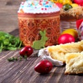 Easter background. Traditional food on the holiday table - Easter Cake and Easter painted eggs