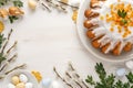 Easter background with traditional yeast cake and festive decoration Royalty Free Stock Photo