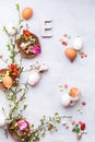 Easter background with various eggs, bunny ears napkin and spring blossom branch