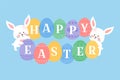 Easter background vector illustration, cute flat cartoon style. Baby rabbits with decorated eggs. Bunny holding ornated eggs with