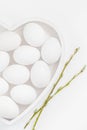 Easter background white eggs green spring twigs