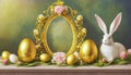 Easter background with white rabbit, golden eggs, flowers and frame. Royalty Free Stock Photo