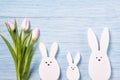 Easter background with white rabbits and pink tulips, blue wooden background, top view Royalty Free Stock Photo