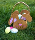 Easter, a bag in the shape of a hare with eggs stands on green grass