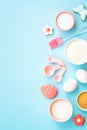 Easter baking background at blue flat lay. Royalty Free Stock Photo