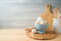 Easter baking background with eggs and kitchen utensils Royalty Free Stock Photo