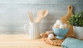 Easter baking background with eggs and kitchen utensils Royalty Free Stock Photo