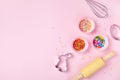 Easter baking background with kitchen tools for holiday sweet bakery top view. Flat lay Royalty Free Stock Photo