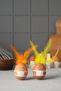 Two brown easter rabbits made from eggs wearing protective face masks and feather ears on the kitchen table