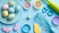 Easter Baking Flat Lay with Pastel Eggs, Sprinkles, and Cookie Cutters on Blue Background Royalty Free Stock Photo
