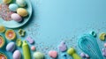 Easter Baking Flat Lay with Pastel Eggs, Sprinkles, and Cookie Cutters on Blue Background Royalty Free Stock Photo