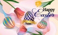 Easter  banner background template with beautiful colorful spring flowers tulips and eggs. Vector illustration. - Images Royalty Free Stock Photo