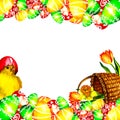 Easter banner with chicken, basket, Easter eggs and flowers. On a white background. Watercolor illustration. Royalty Free Stock Photo