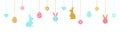 Easter banner with color hanging baubles. Holiday background with bunny, eggs, flowers, hearts line art icons. Happy