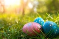 Easter banner with copy space, blue and pink easter eggs in the grass on sunny day, easter concept, copy spcace for text Royalty Free Stock Photo