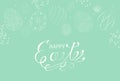 Easter banner with doodle eggs. Background with spring plants.