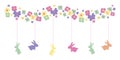 Easter banner. Flowers garland and Easter bunnies. Festive border.