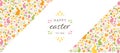 Easter banner with hand drawn elements like eggs, bunnies, flowers, dots and butterflies. Doodles and sketches vector vintage