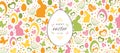 Easter banner with hand drawn hanging egg greetings, bunnies, butterflies and flowers. Doodles and sketches vector vintage