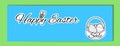 Easter banner with the inscription Happy Easter with bunny ears and a basket with eggs on a white background in the style of the
