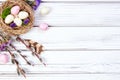 Easter banner with nest, eggs, willow, flowers and feathers Royalty Free Stock Photo