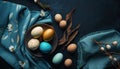 Easter banner with painted eggs and napkin on dark blue backround. Top view, flat lay with copy space, Ai generative