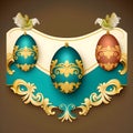 Easter banner with painted ornamented eggs traditional drawings with birds on dark background and space for text