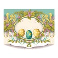 Easter banner with painted ornamented eggs with traditional drawings on light ivory and green background