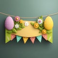 Easter banner with painted ornamented pink and yellow eggs traditional drawings on light blue background and space for text