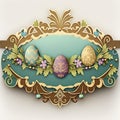 Easter banner with painted ornamented three eggs traditional drawings on light blue background and space for text