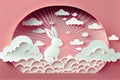 Easter banner. Paper cut style white rabbit on white clouds with pink background